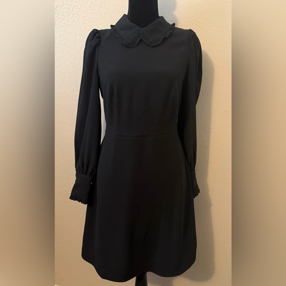 J. Crew Classic Black Long Sleeve A-Line Dress With Ruffle Collar